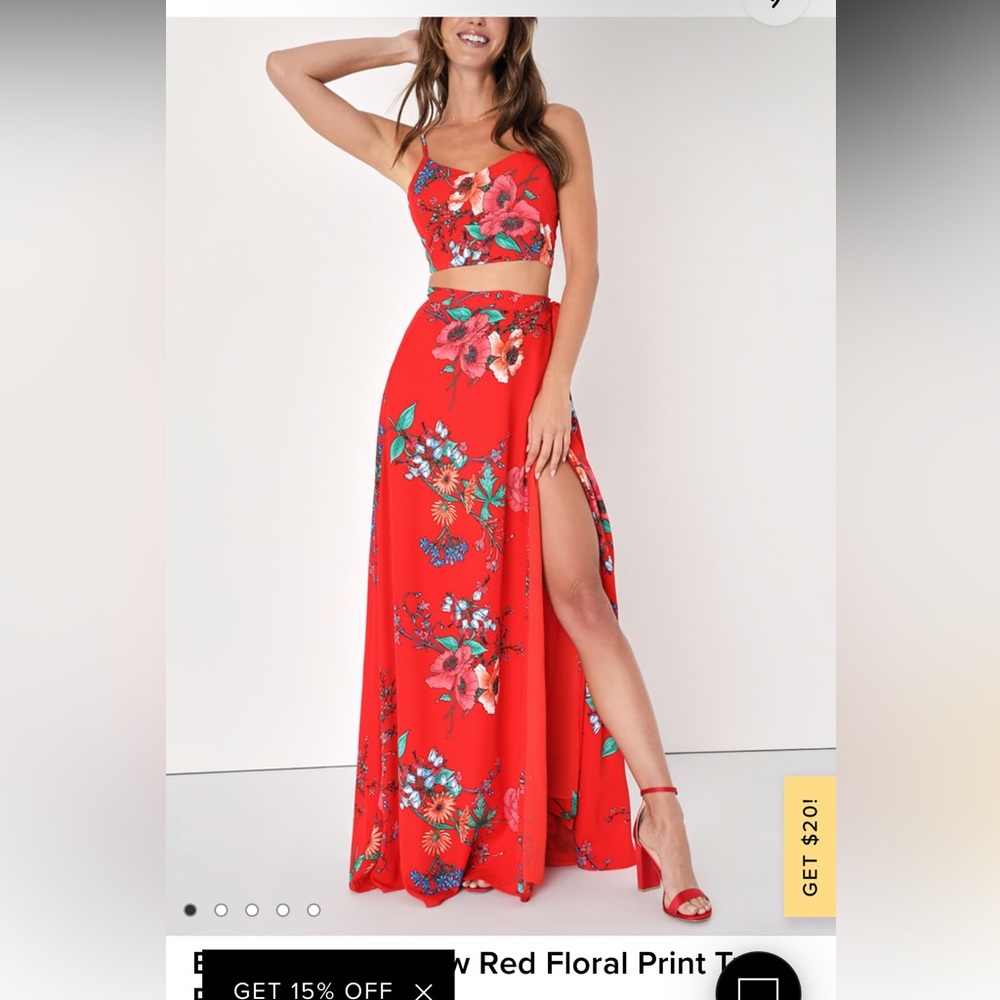 Bloom With a View Red Floral Print Two-Piece Maxi Dress Medium worn once